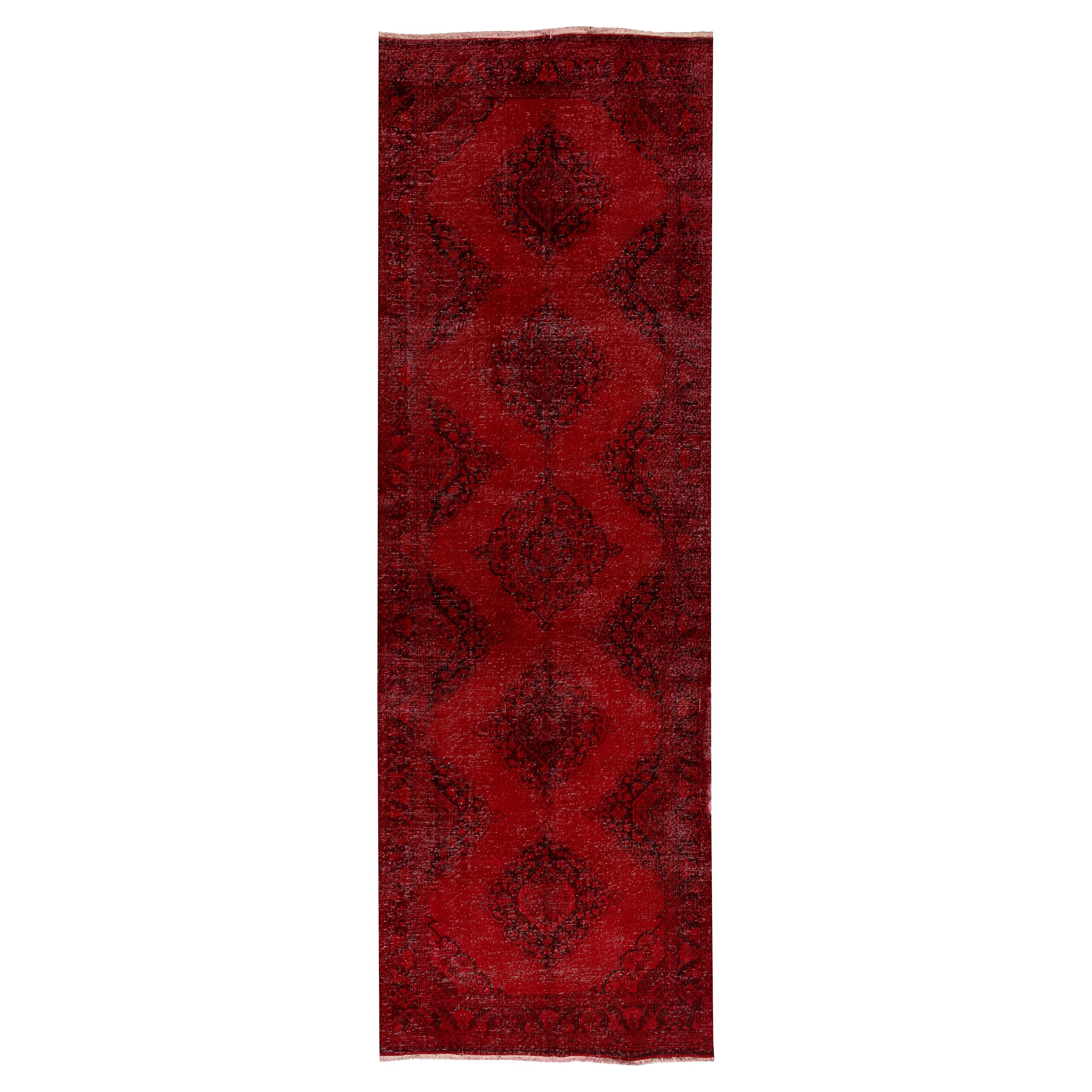 4.3x13.5 Ft Handmade Anatolian Runner Rug. Modern Burgundy Red Corridor Carpet For Sale