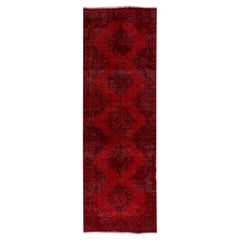 Vintage 4.3x13.5 Ft Handmade Anatolian Runner Rug. Modern Burgundy Red Corridor Carpet