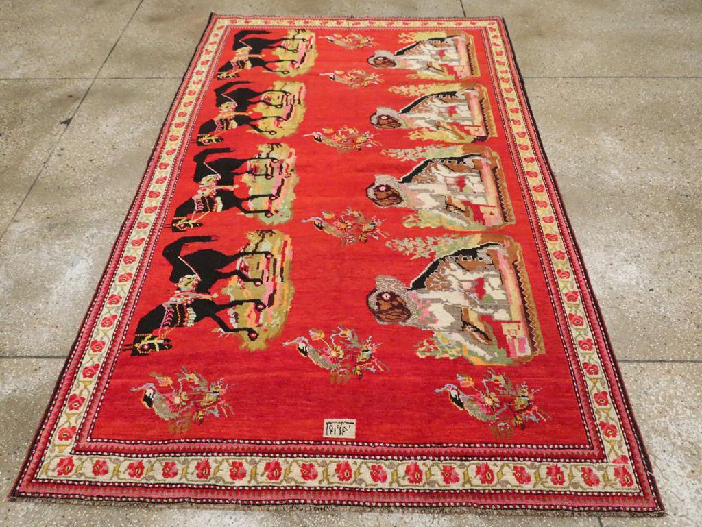 Wool Mid-20th Century Handmade Caucasian Karabagh Pictorial Accent Rug For Sale
