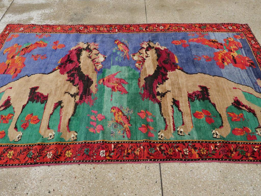 Hand-Knotted Mid-20th Century Handmade Caucasian Karabagh Pictorial Lion Accent Rug For Sale