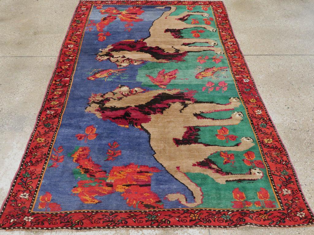 Mid-20th Century Handmade Caucasian Karabagh Pictorial Lion Accent Rug For Sale 1