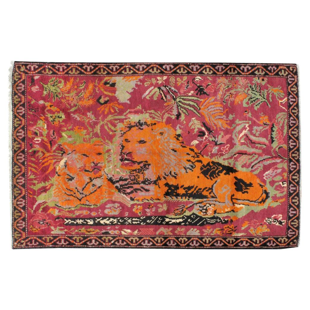 Mid-20th Century Handmade Caucasian Karabagh Pictorial Lion Accent Rug For Sale