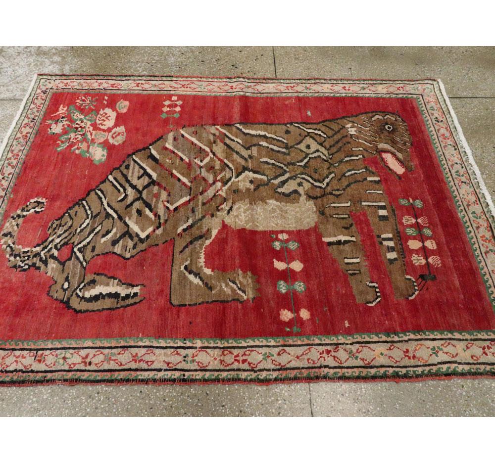 Rustic Mid-20th Century Handmade Caucasian Karabagh Tiger Pictorial Accent Rug For Sale