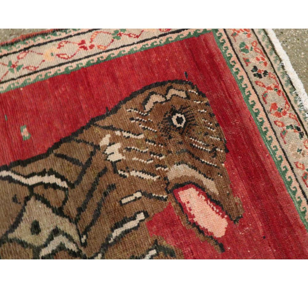 Rustic Mid-20th Century Handmade Caucasian Karabagh Tiger Pictorial Accent Rug For Sale