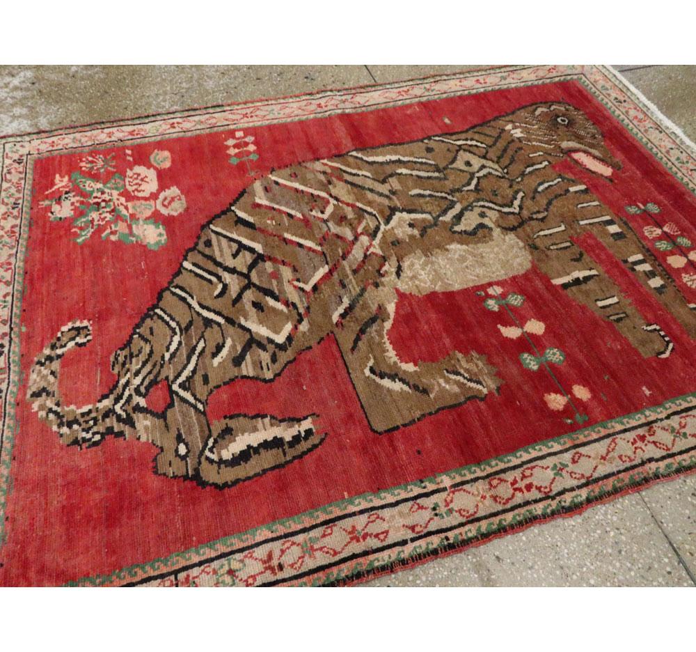 Hand-Knotted Mid-20th Century Handmade Caucasian Karabagh Tiger Pictorial Accent Rug For Sale