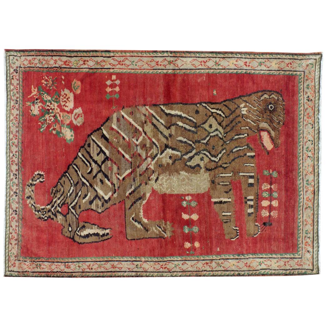 Mid-20th Century Handmade Caucasian Karabagh Tiger Pictorial Accent Rug For Sale