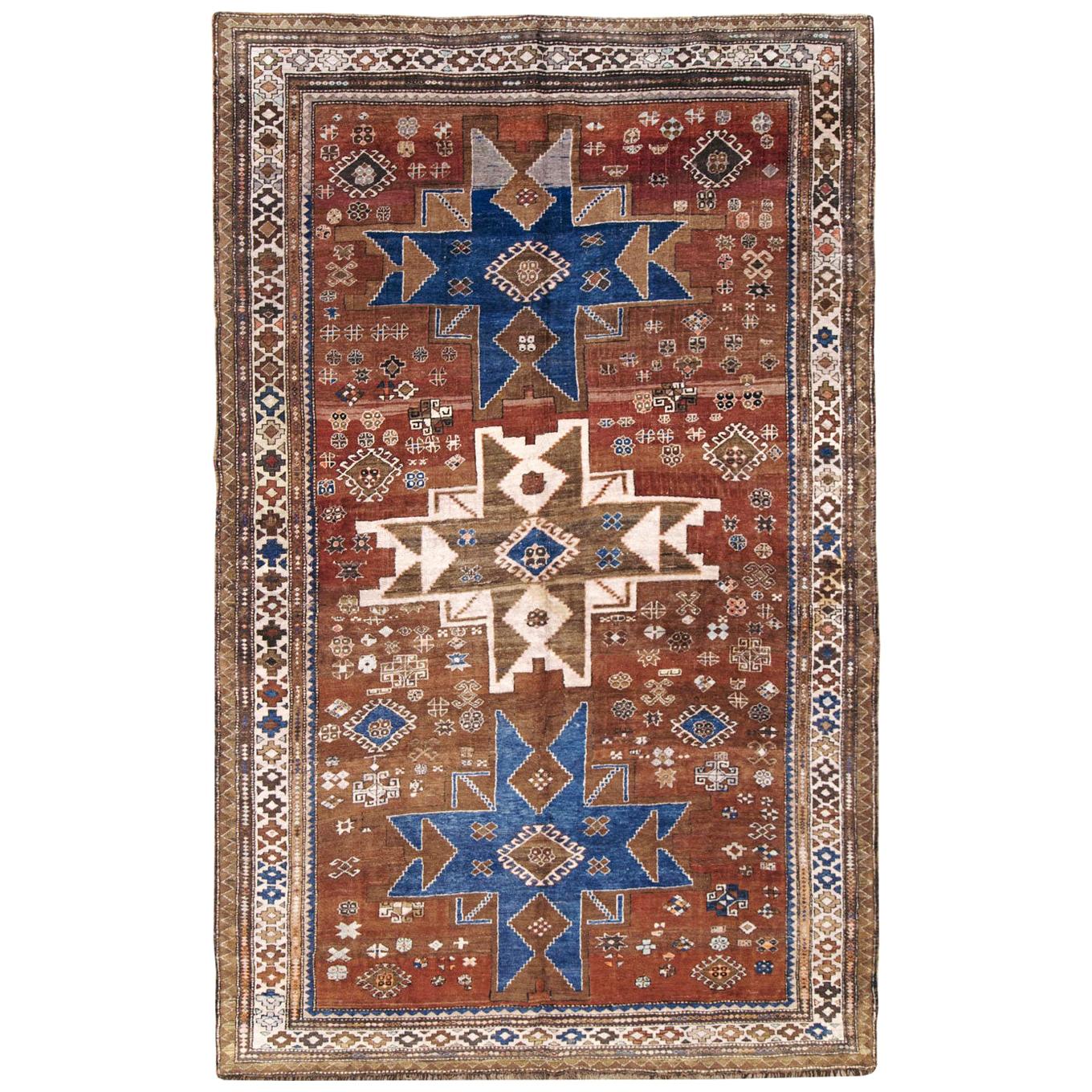 Handgefertigter kaukasischer Stammes-Akzent-Teppich aus der Mitte des 20. Jahrhunderts
