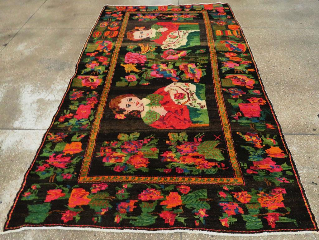 Mid-20th Century Handmade Caucasian Pictorial Karabagh Accent Rug In Excellent Condition For Sale In New York, NY