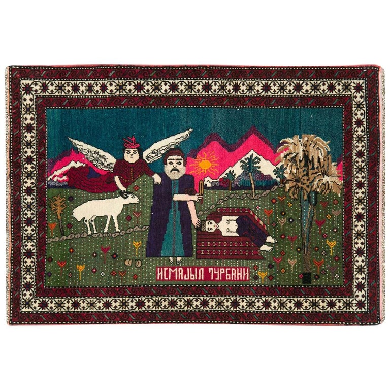 Mid-20th Century Handmade Caucasian Pictorial Karabagh Rug of Abraham and Isaac For Sale