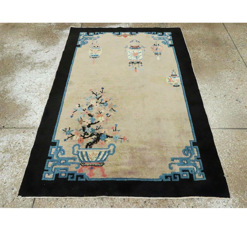 Chinoiserie Mid-20th Century Handmade Chinese Scatter Rug in Beige, Black, Blue-Green
