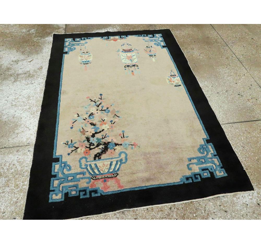 Hand-Knotted Mid-20th Century Handmade Chinese Scatter Rug in Beige, Black, Blue-Green