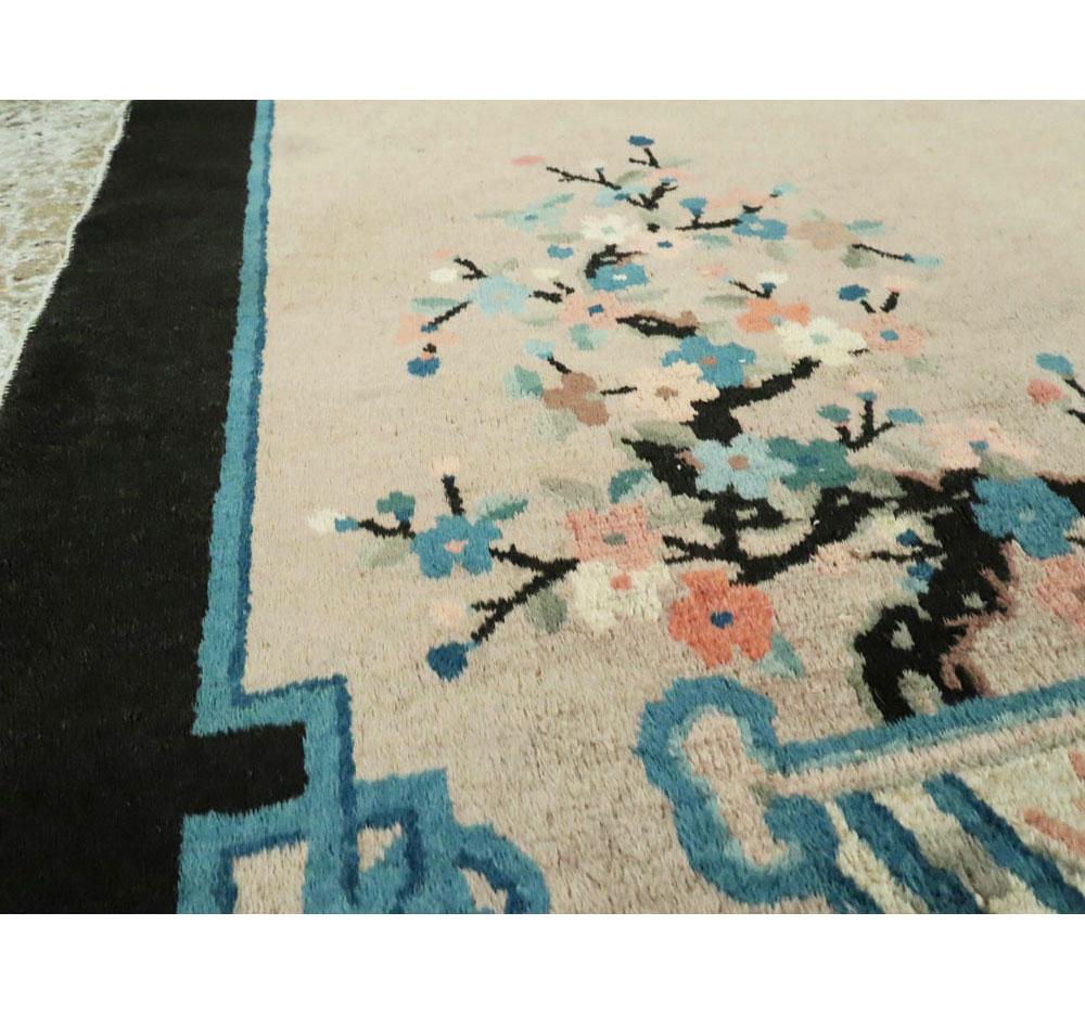 Mid-20th Century Handmade Chinese Scatter Rug in Beige, Black, Blue-Green In Good Condition In New York, NY