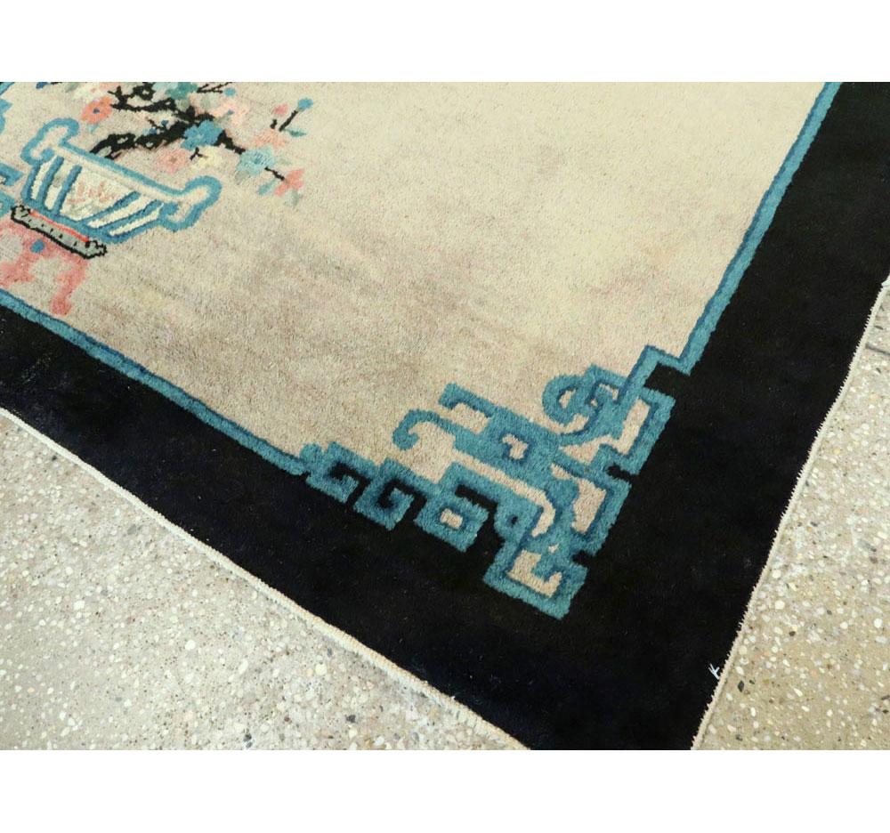 Mid-20th Century Handmade Chinese Scatter Rug in Beige, Black, Blue-Green 1