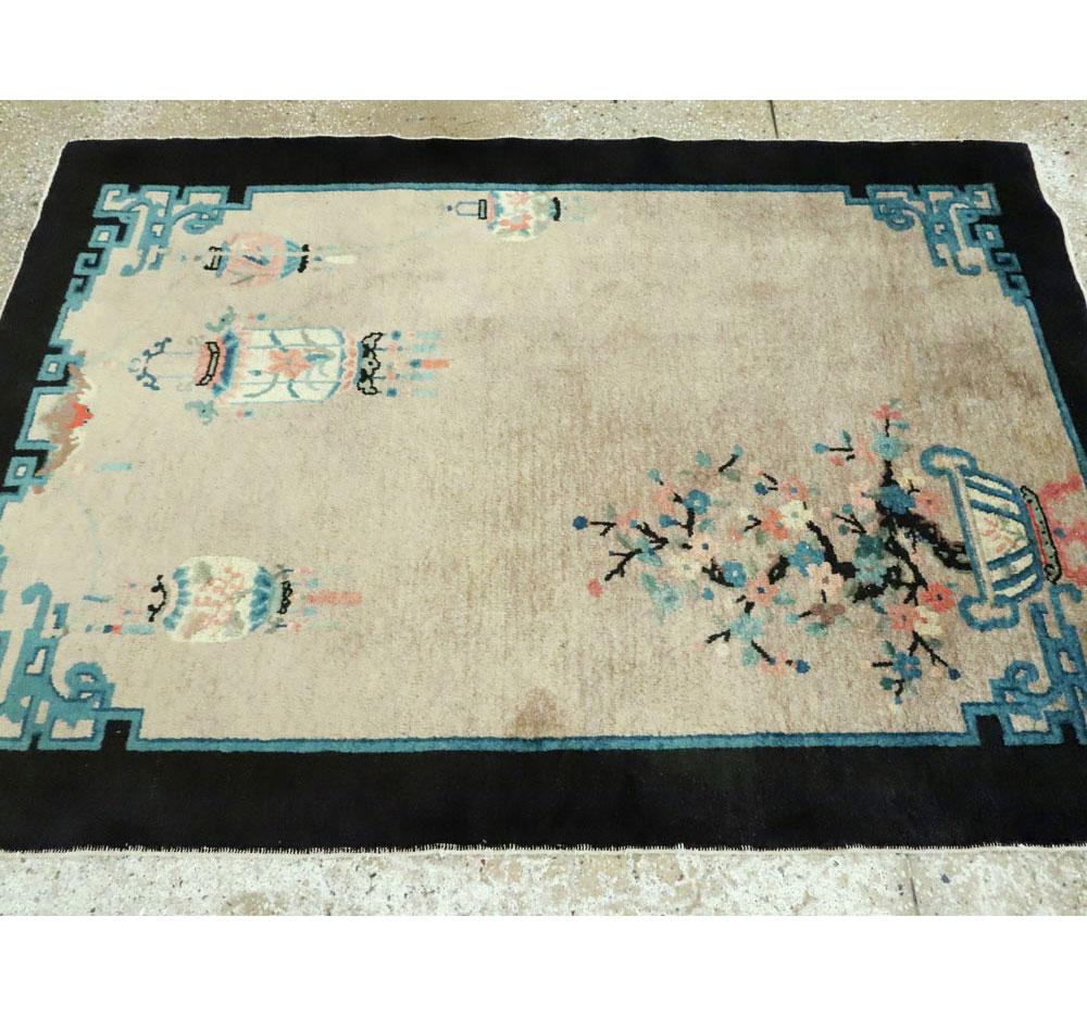 Mid-20th Century Handmade Chinese Scatter Rug in Beige, Black, Blue-Green 2