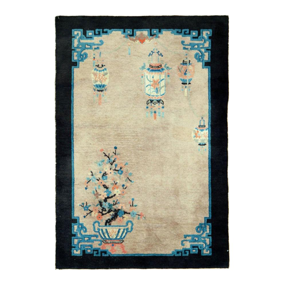 Mid-20th Century Handmade Chinese Scatter Rug in Beige, Black, Blue-Green