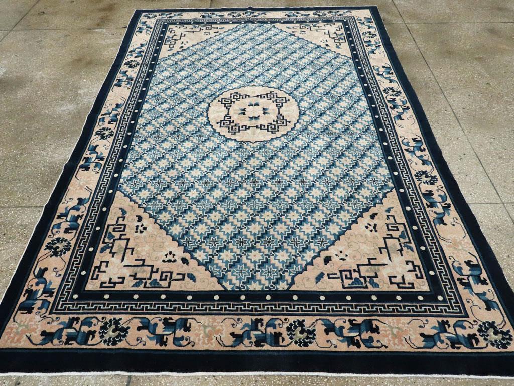 Chinoiserie Mid-20th Century Handmade Chinese Accent Rug in Cerulean Blue and Cream For Sale