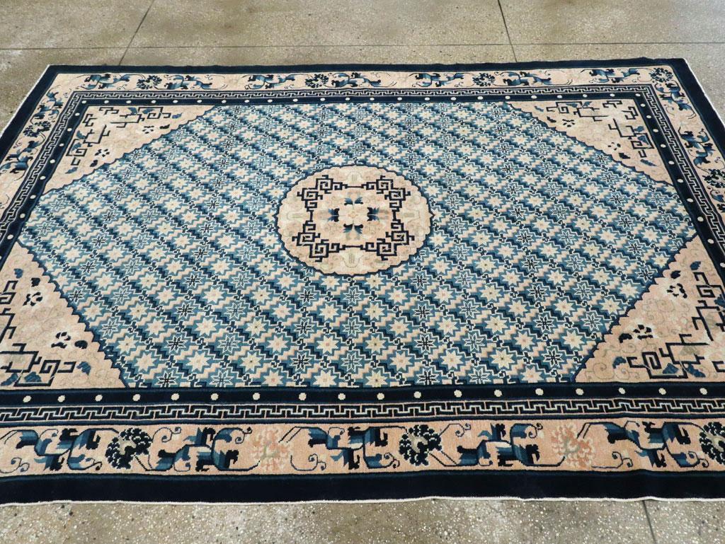Wool Mid-20th Century Handmade Chinese Accent Rug in Cerulean Blue and Cream For Sale