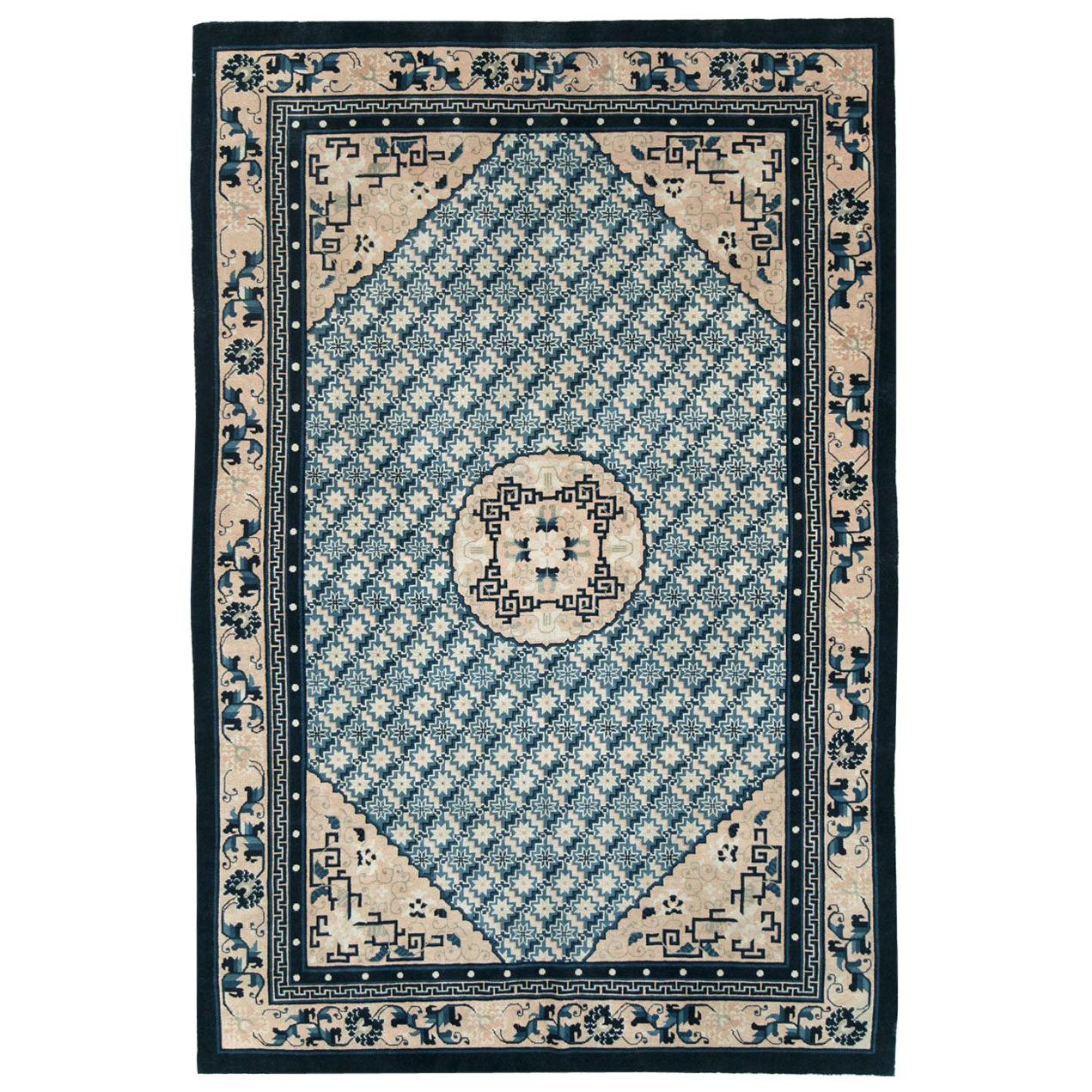 Mid-20th Century Handmade Chinese Accent Rug in Cerulean Blue and Cream