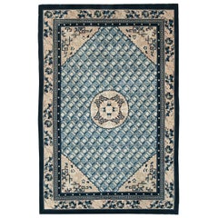 Mid-20th Century Handmade Chinese Accent Rug in Cerulean Blue and Cream