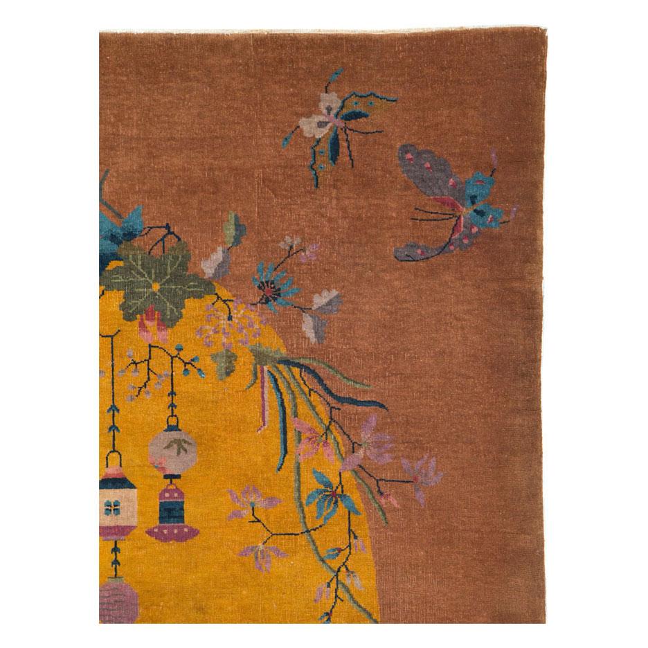 Hand-Knotted Mid-20th Century Handmade Chinese Art Deco Accent Rug in Yellow and Terracotta