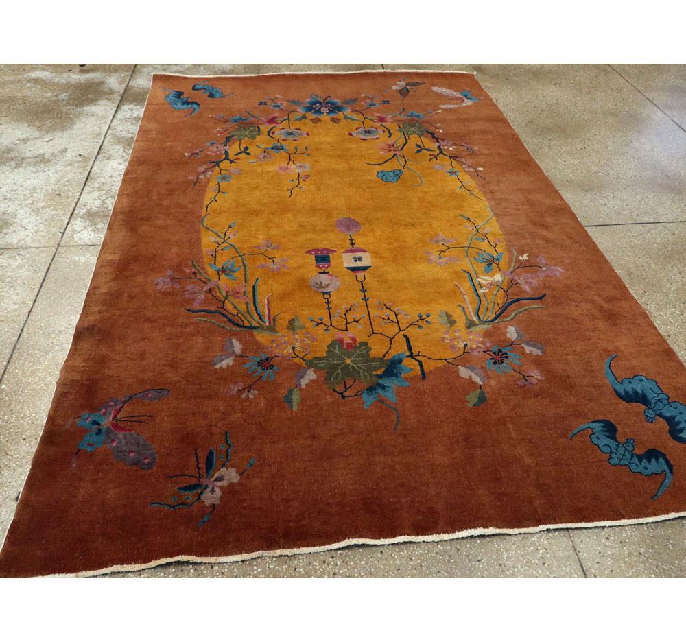 Mid-20th Century Handmade Chinese Art Deco Accent Rug in Yellow and Terracotta In Good Condition In New York, NY