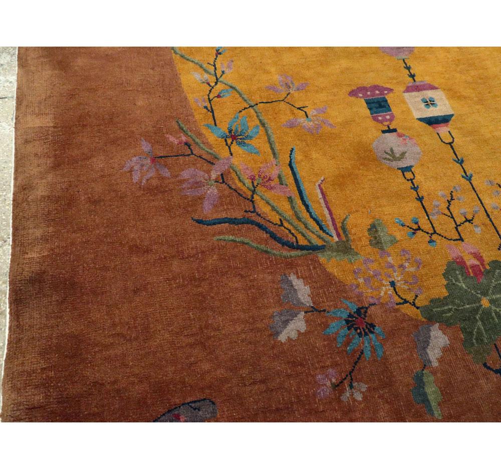 Wool Mid-20th Century Handmade Chinese Art Deco Accent Rug in Yellow and Terracotta