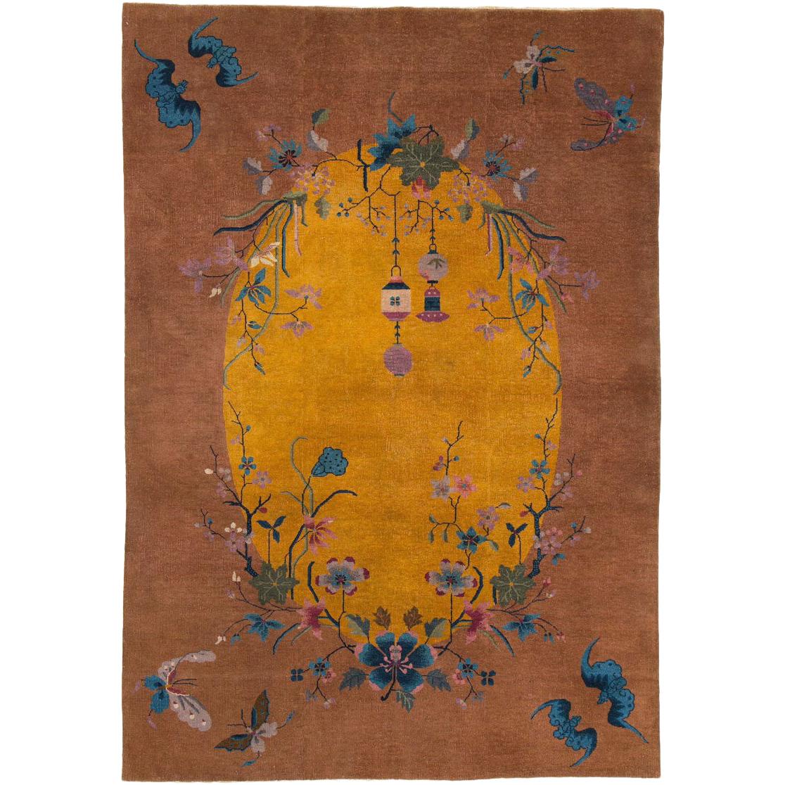 Mid-20th Century Handmade Chinese Art Deco Accent Rug in Yellow and Terracotta