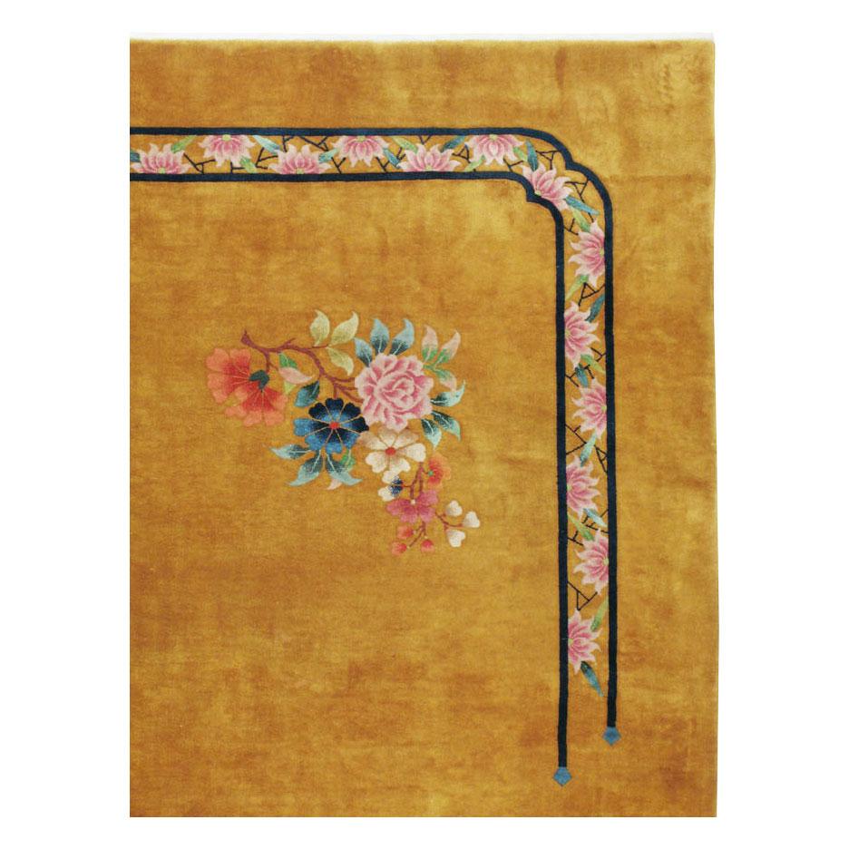 Hand-Knotted Mid-20th Century Handmade Chinese Art Deco Large Room Size Carpet in Goldenrod