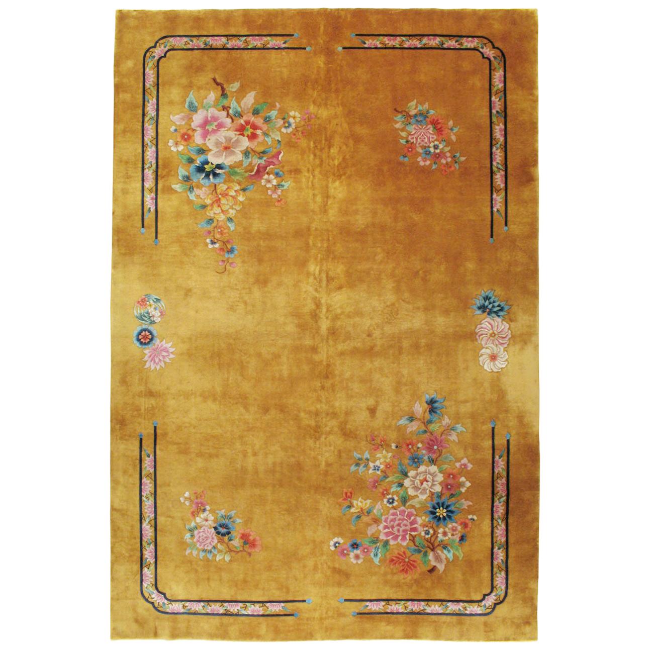 Mid-20th Century Handmade Chinese Art Deco Large Room Size Carpet in Goldenrod