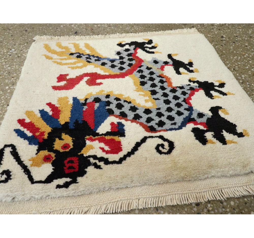 Hand-Knotted Mid-20th Century Handmade Chinese Art Deco Pictorial Dragon Throw Rug For Sale