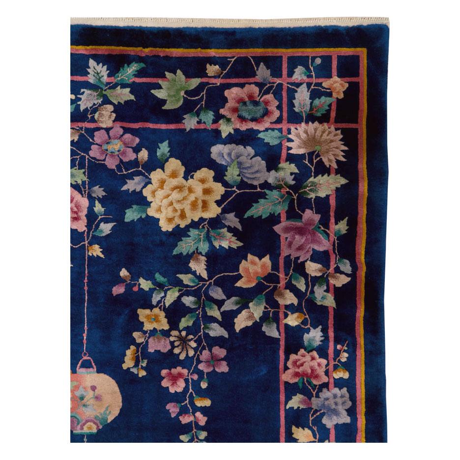 Hand-Knotted Mid-20th Century Handmade Chinese Art Deco Room Size Carpet in Blue