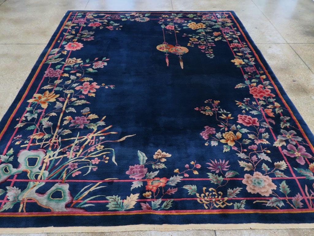 Wool Mid-20th Century Handmade Chinese Art Deco Room Size Carpet in Blue