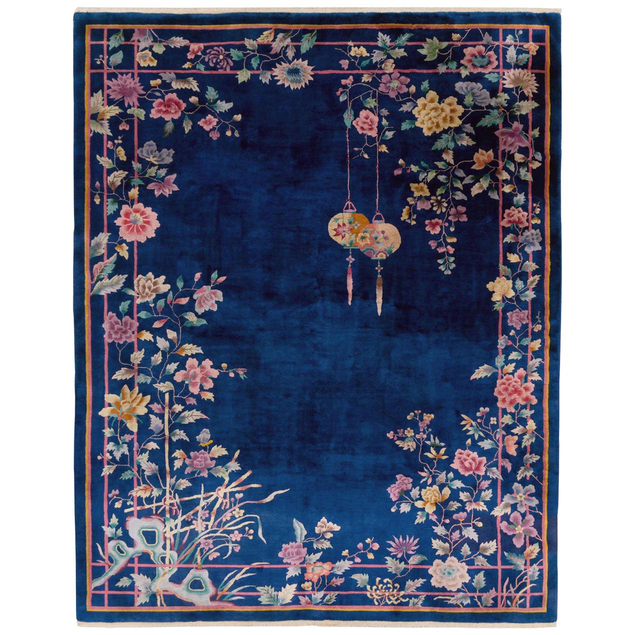 Mid-20th Century Handmade Chinese Art Deco Room Size Carpet in Blue