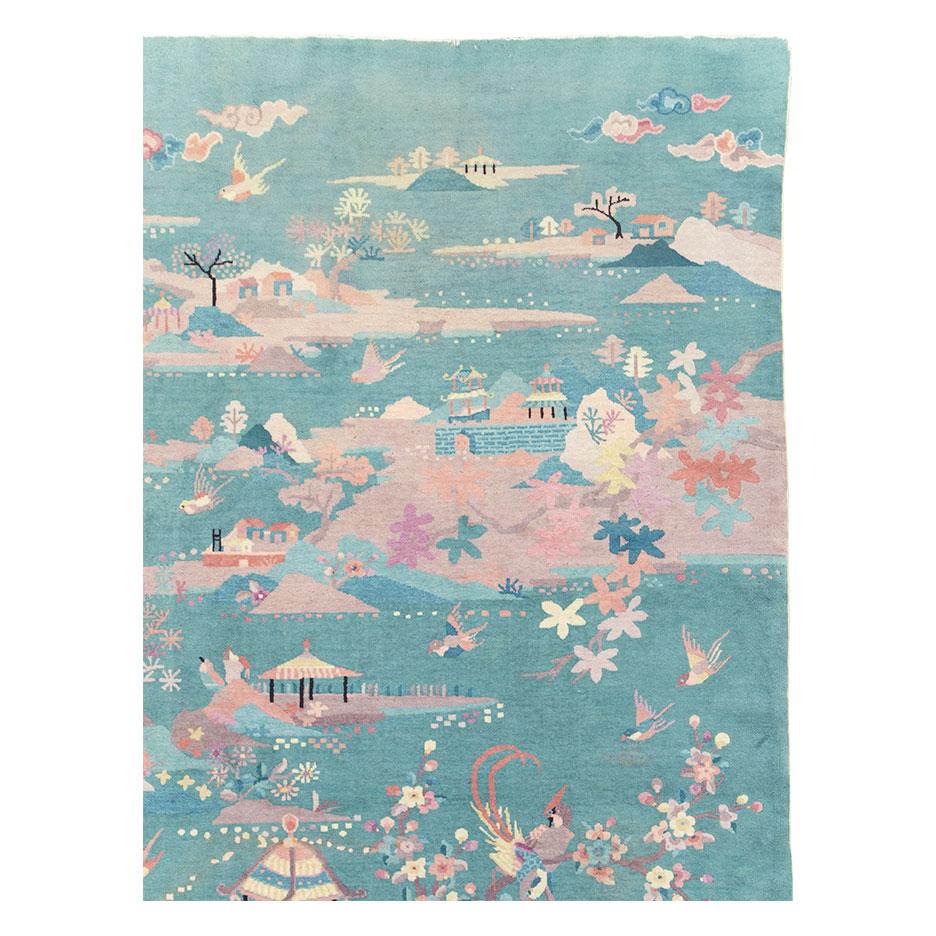 Hand-Knotted Mid-20th Century Handmade Chinese Art Deco Room Size Carpet in Seafoam Green For Sale