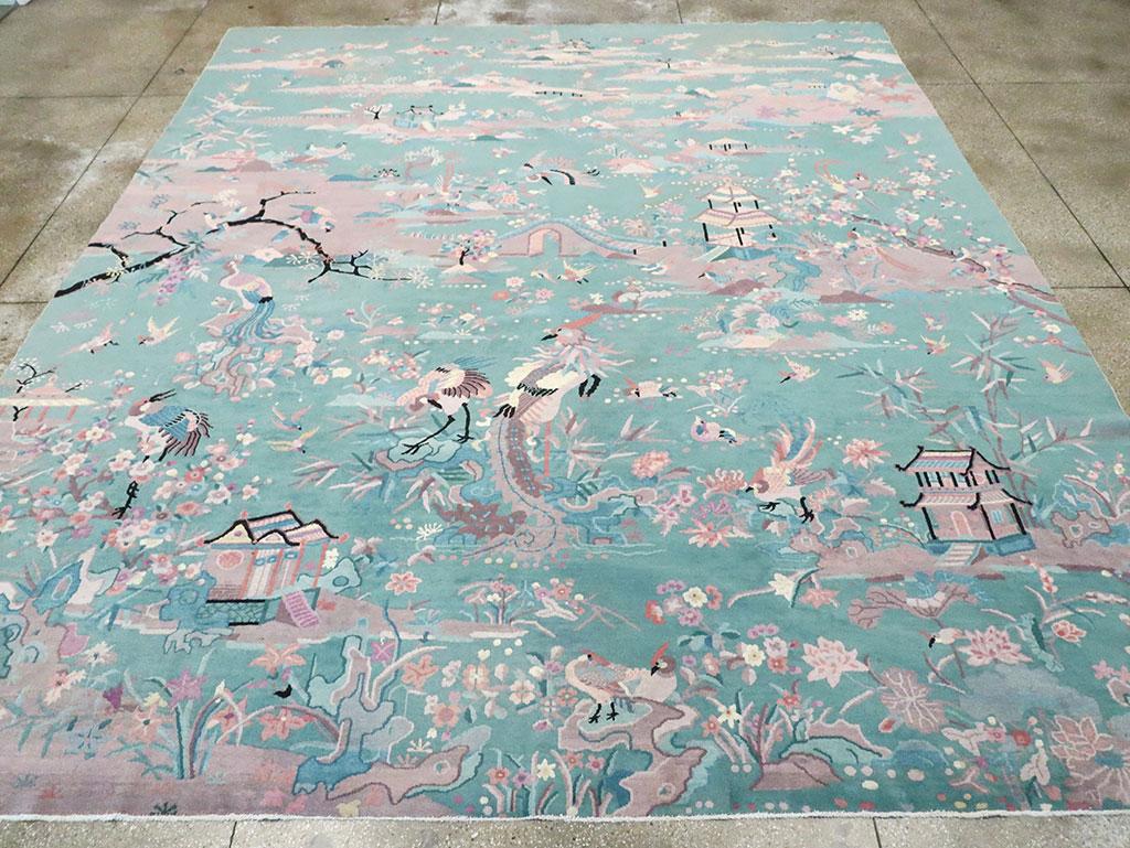 Tapis Art déco chinois du milieu du 20e siècle, fait à la main, de taille normale, en vert écume de mer Excellent état - En vente à New York, NY