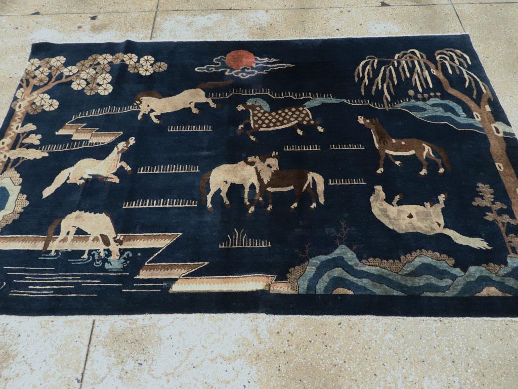 Modern Mid-20th Century Handmade Chinese Pictorial Accent Rug of Horses For Sale