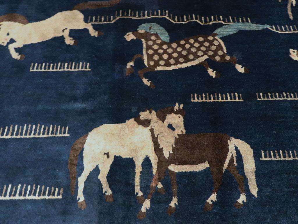 Wool Mid-20th Century Handmade Chinese Pictorial Accent Rug of Horses For Sale