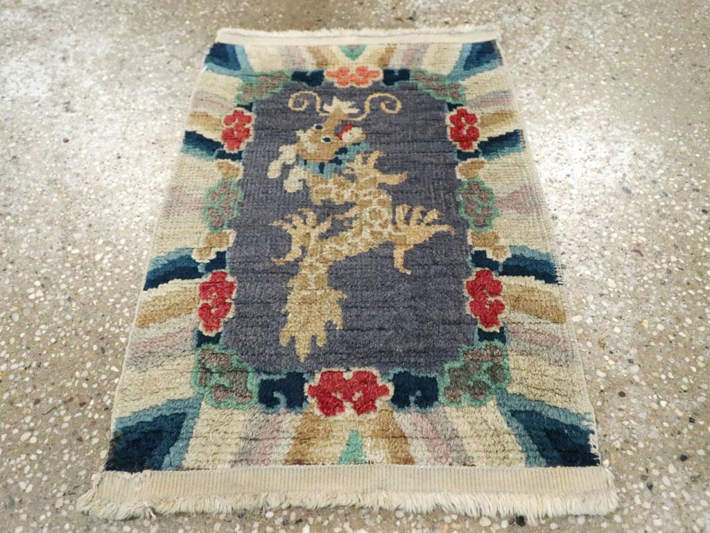 Hand-Knotted Mid-20th Century Handmade Chinese Peking Dragon Pictorial Throw Rug