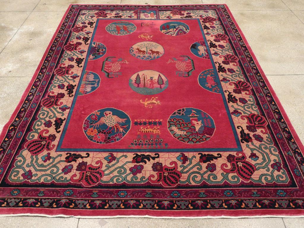 A vintage Chinese pictorial Art Deco room size carpet handmade during the mid-20th century.

Measures: 8' 11