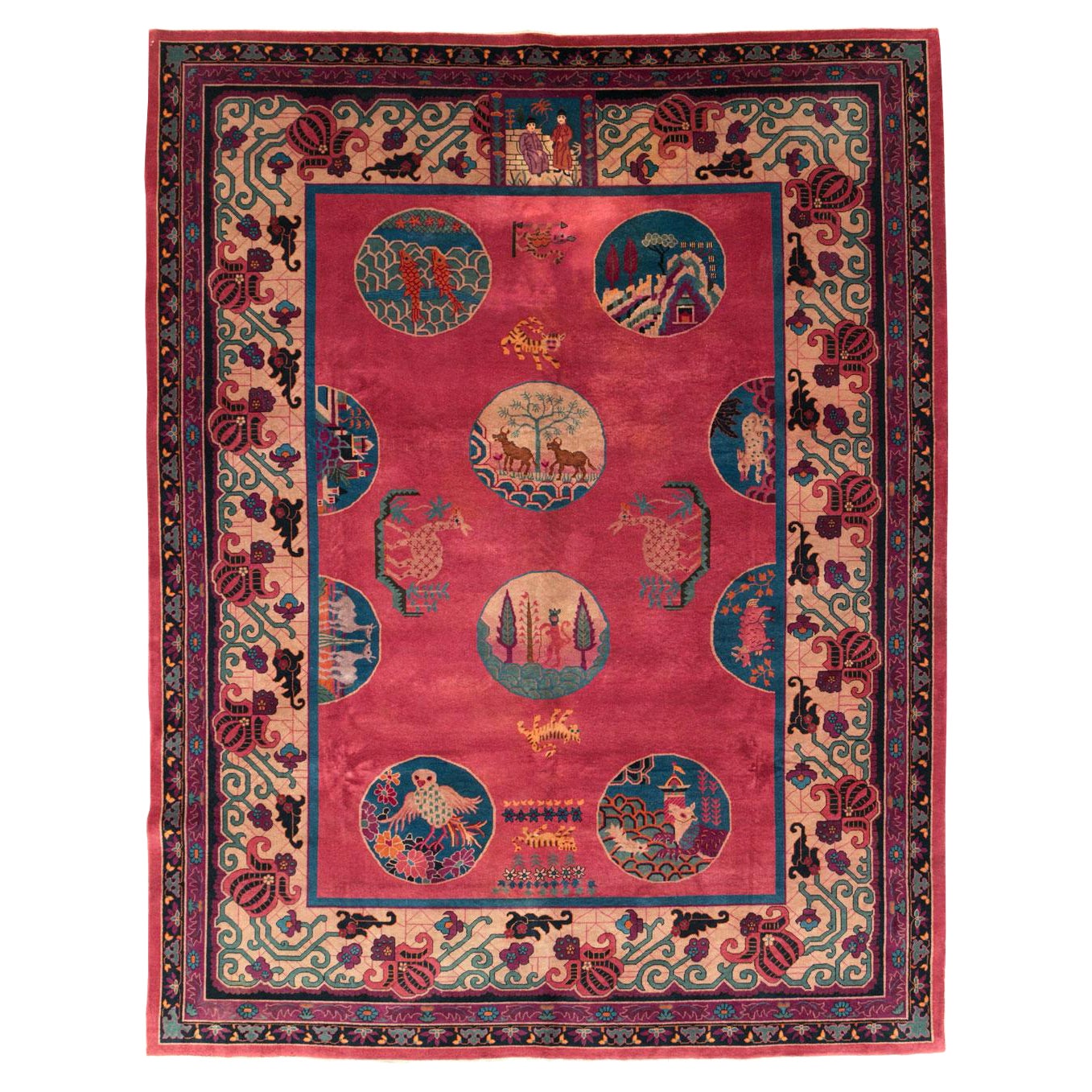 Tapis Art Déco chinois graphique du milieu du 20e siècle, fait à la main