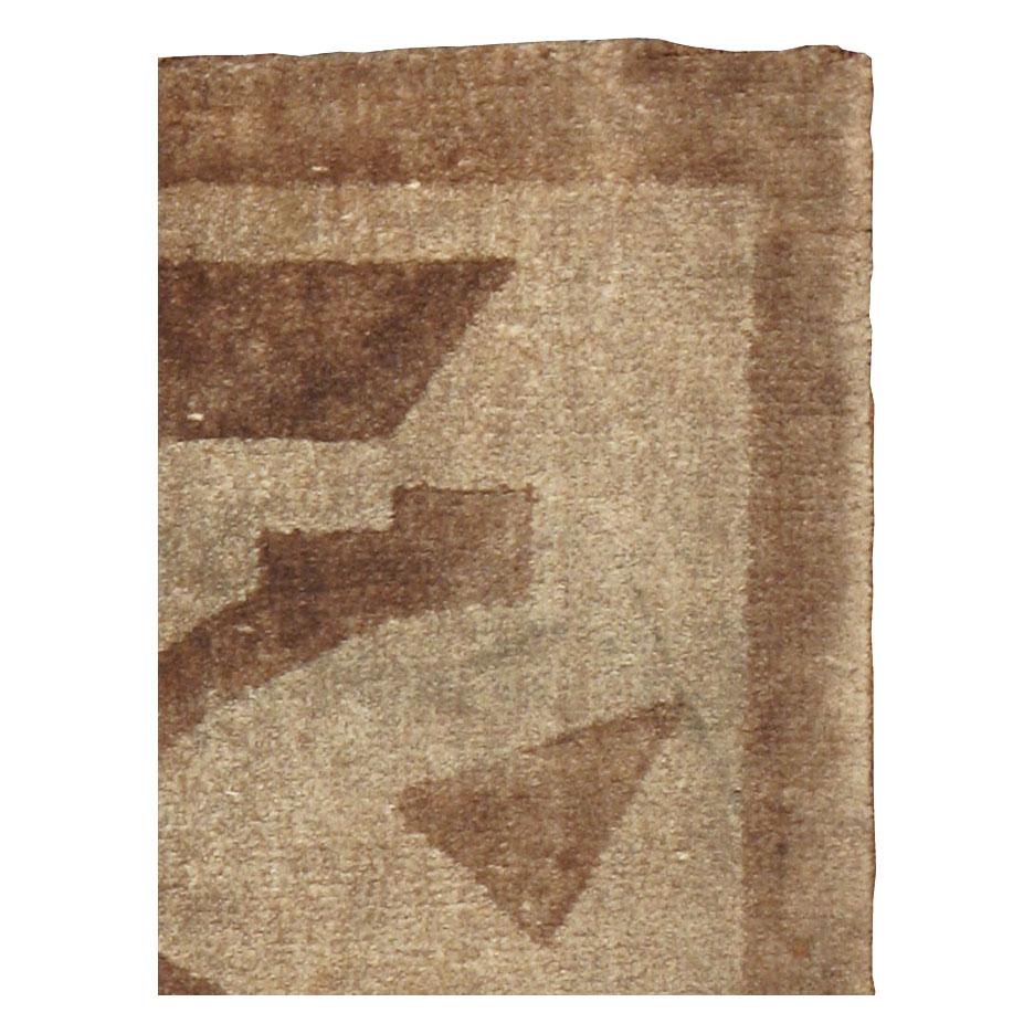 Hand-Knotted Mid-20th Century Handmade English Art Deco Style Throw Rug in Brown For Sale