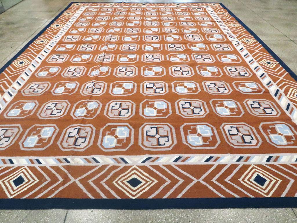 Hand-Woven Mid-20th Century Handmade Indian Dhurrie Large Room Size Carpet in Terracotta For Sale