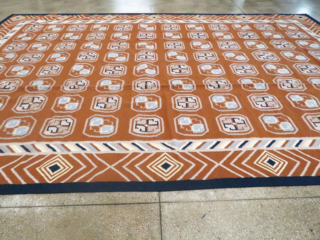 Wool Mid-20th Century Handmade Indian Dhurrie Large Room Size Carpet in Terracotta For Sale