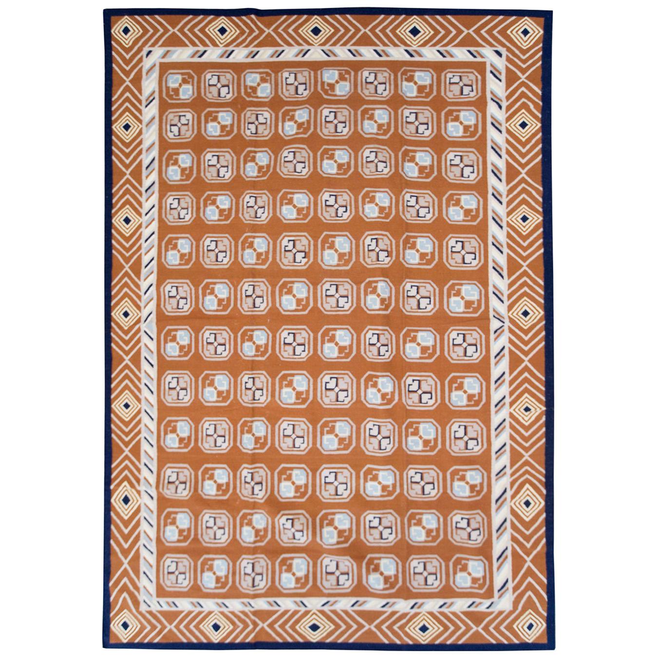 Mid-20th Century Handmade Indian Dhurrie Large Room Size Carpet in Terracotta For Sale