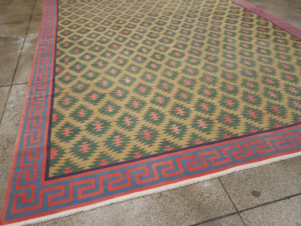 Cotton Mid-20th Century Handmade Indian Flatweave Dhurrie Large Room Size Carpet For Sale