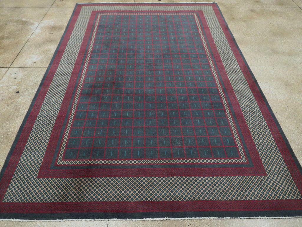 Hand-Knotted Mid-20th Century Handmade Indian Lahore Art Deco Inspired Room Size Carpet For Sale
