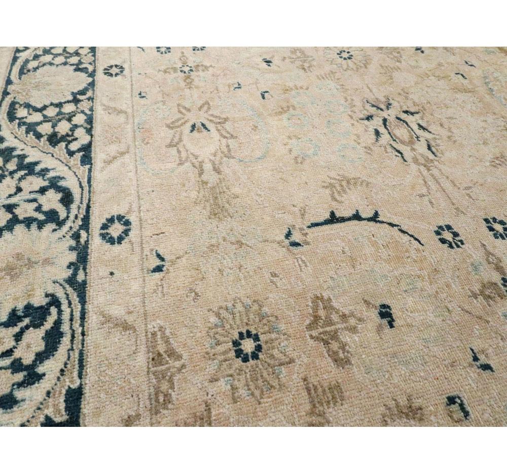 Tabriz Mid-20th Century Handmade Persian Accent Rug in Cream Nude and Dark Blue-Green For Sale