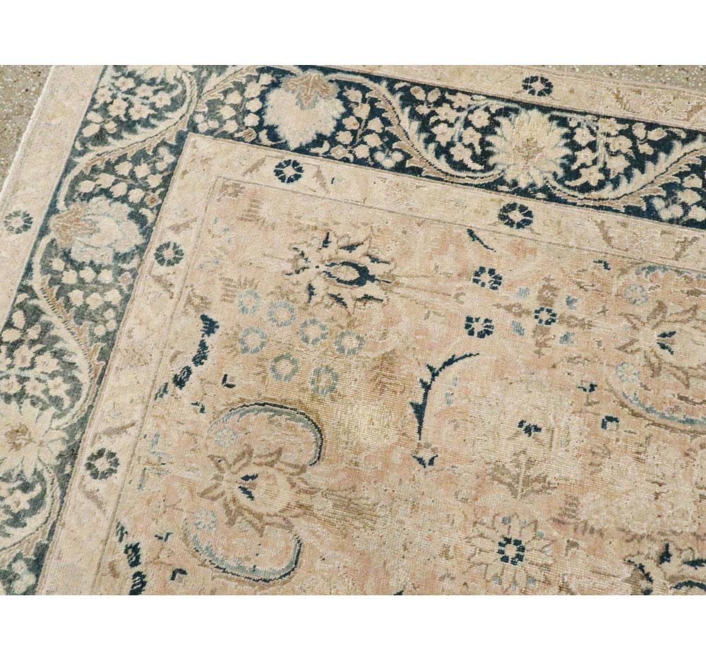 Hand-Knotted Mid-20th Century Handmade Persian Accent Rug in Cream Nude and Dark Blue-Green