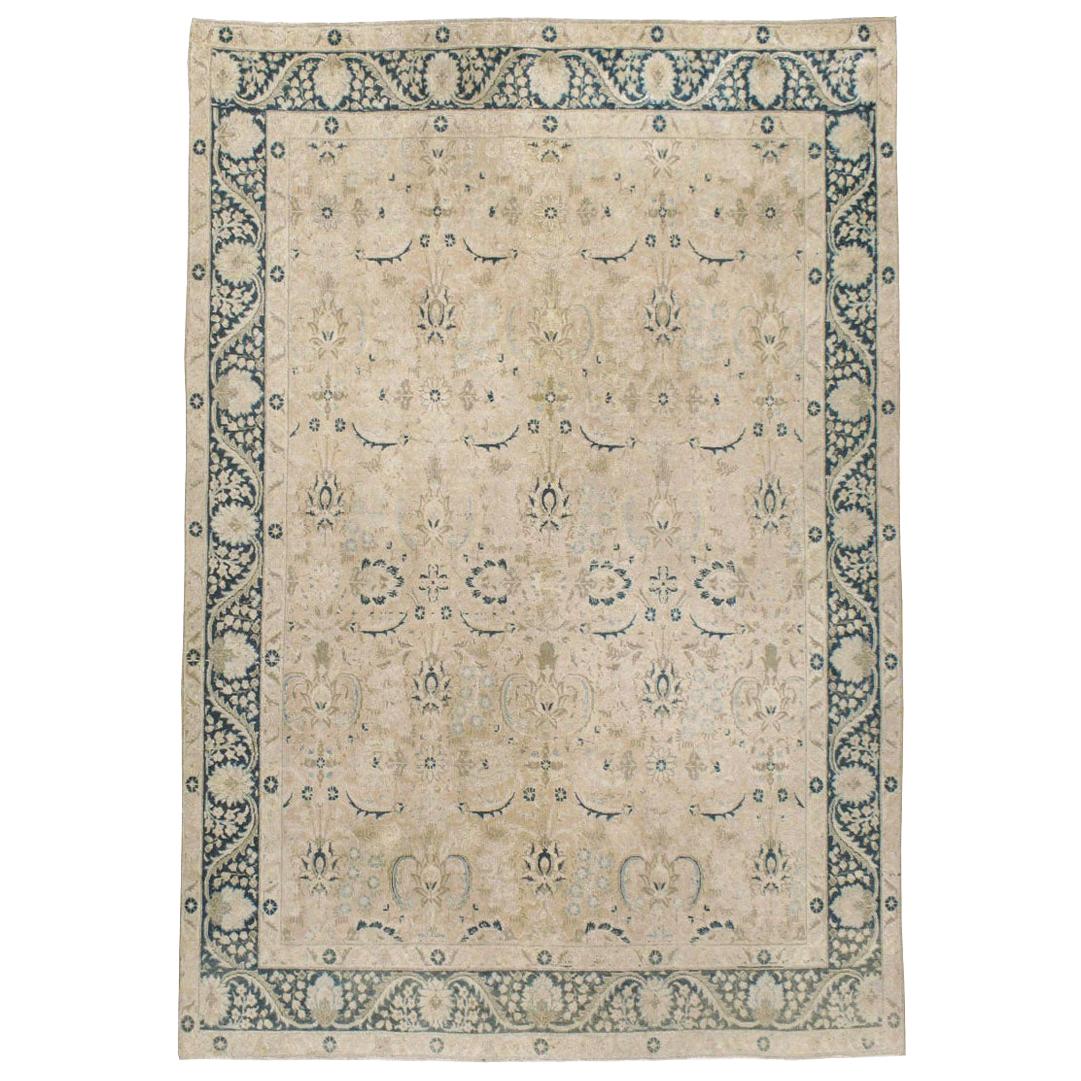 Mid-20th Century Handmade Persian Accent Rug in Cream Nude and Dark Blue-Green For Sale