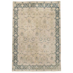 Vintage Mid-20th Century Handmade Persian Accent Rug in Cream Nude and Dark Blue-Green